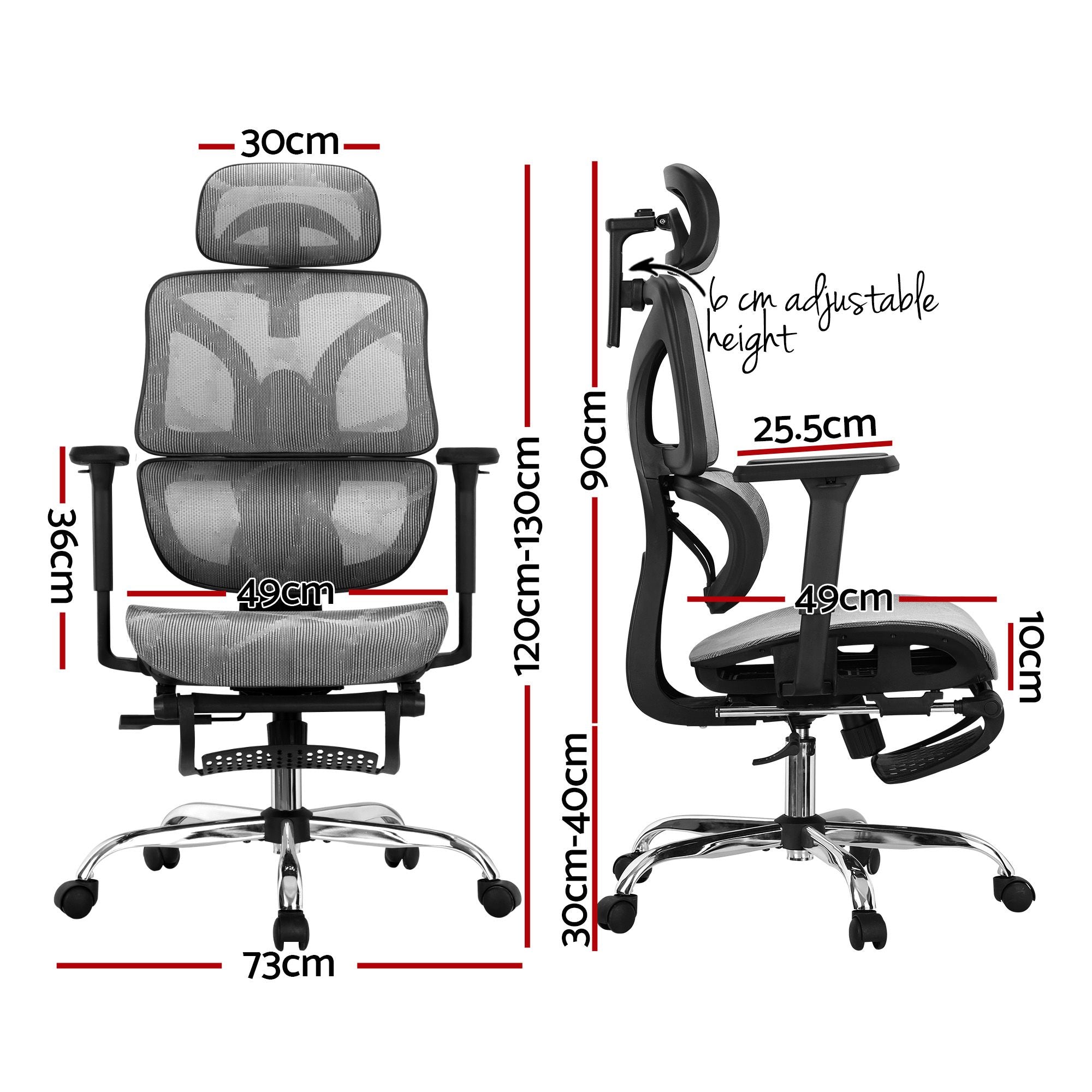 Grey ergonomic office chair shown in side view with padded headrest and footrest