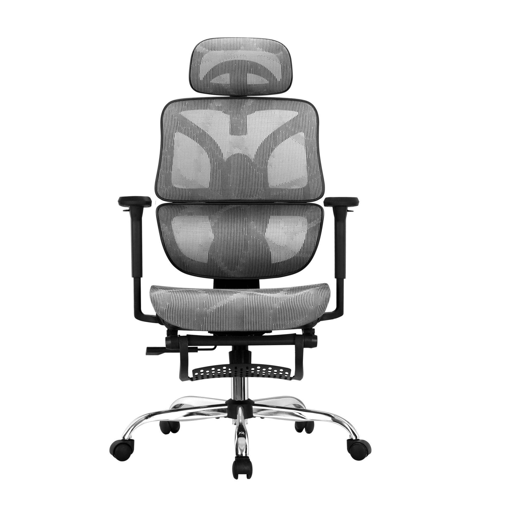 Grey ergonomic office chair with cushioned headrest, mesh back, and adjustable base