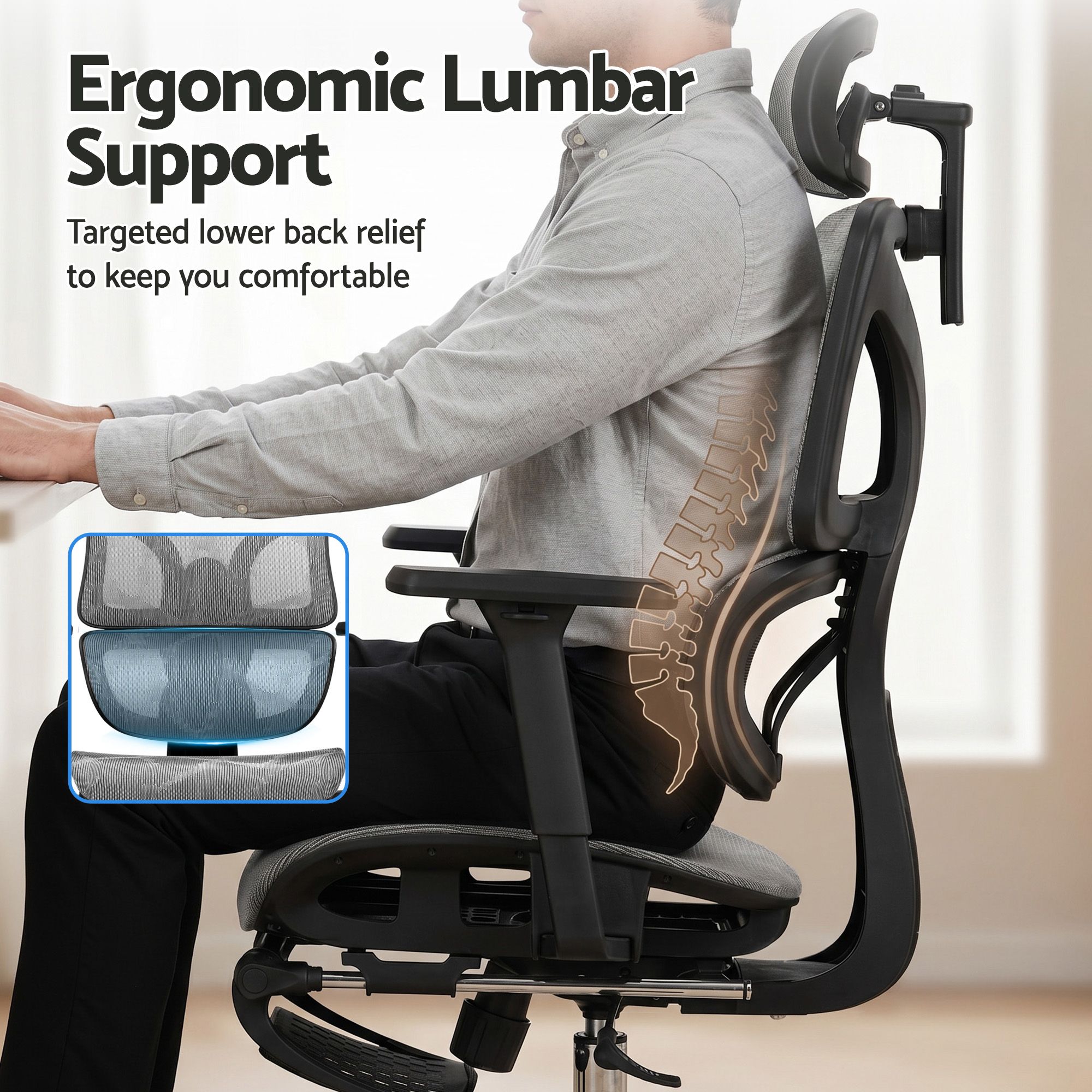 Grey ergonomic office chair with mesh lumbar support and adjustable footrest
