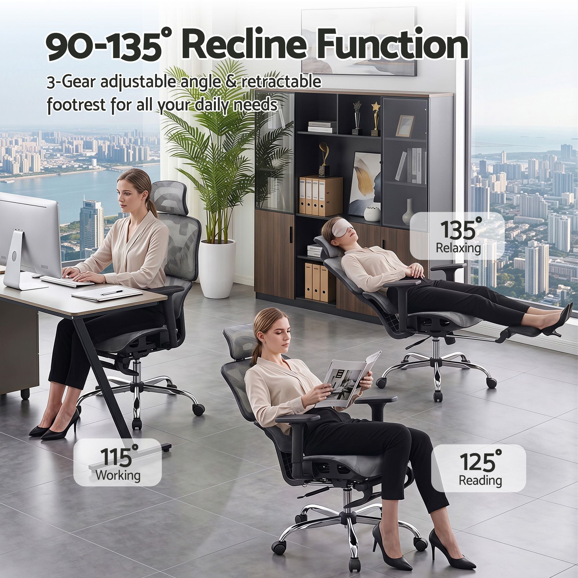 Grey ergonomic office chair reclined with retractable footrest for desk use