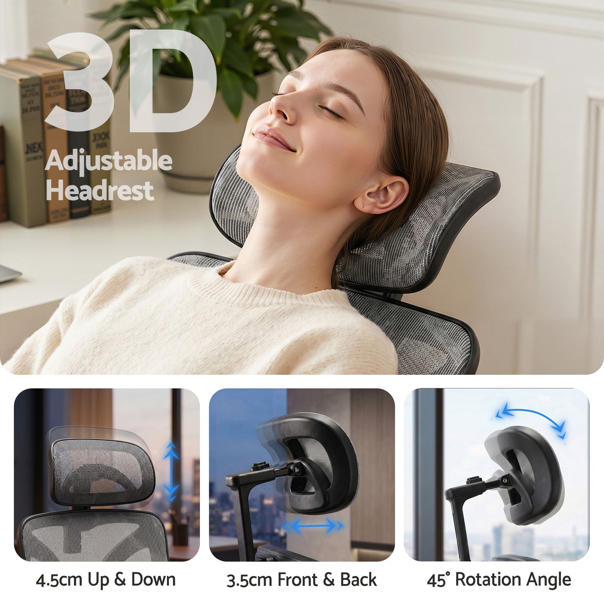 Grey ergonomic office chair with adjustable headrest and mesh backrest