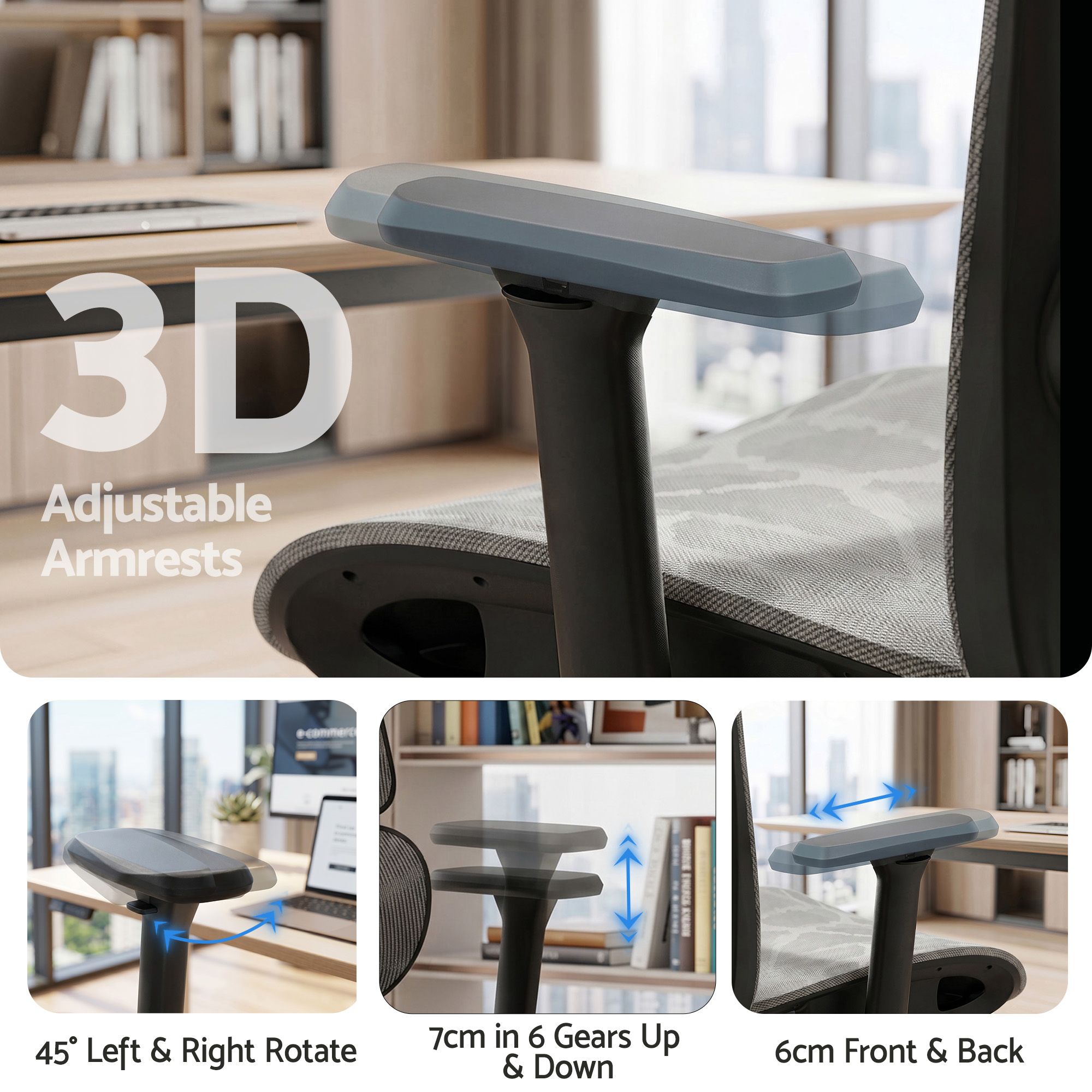 Grey ergonomic office chair with 3D-style adjustable armrests and foot support