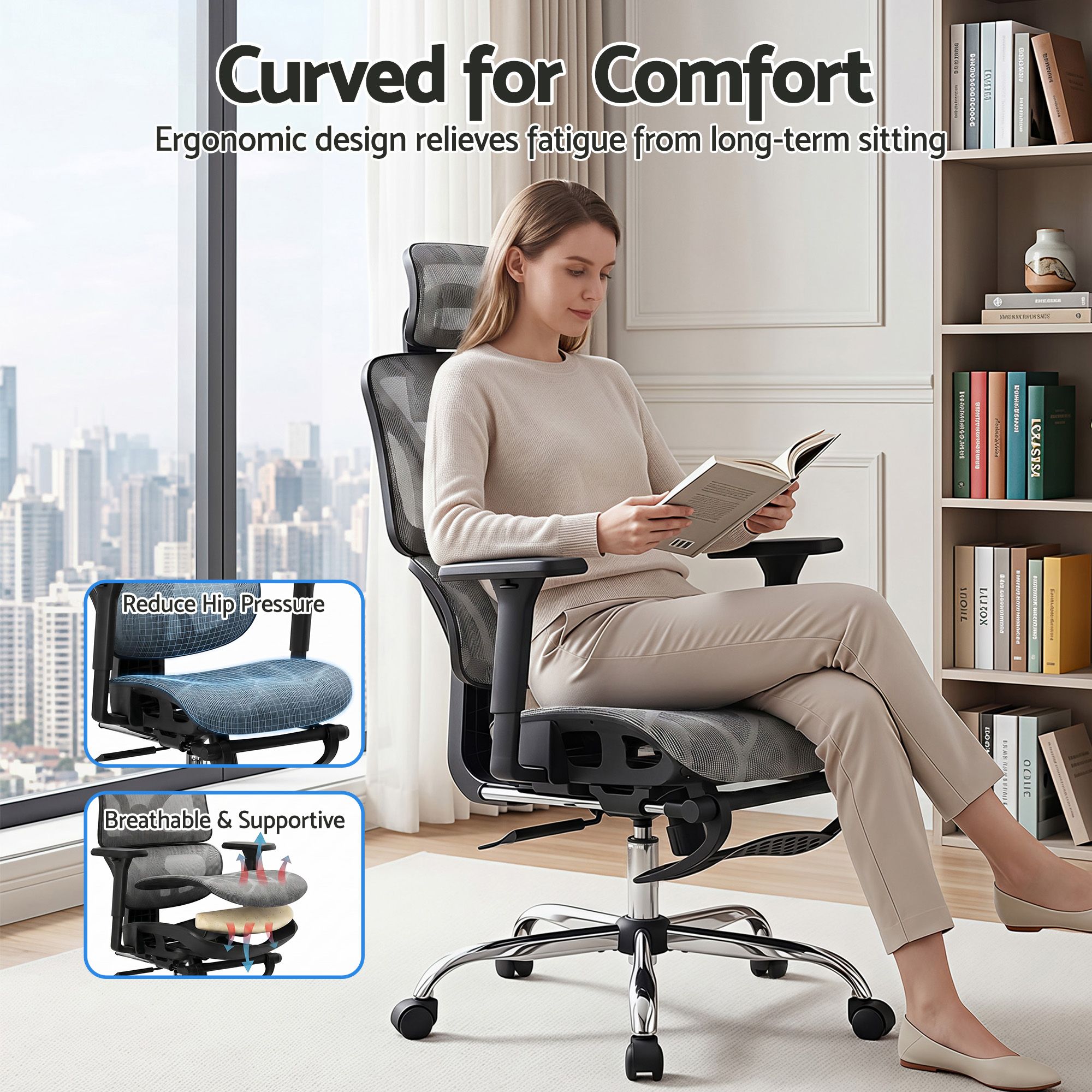 Grey ergonomic office chair with supportive seat and integrated footrest