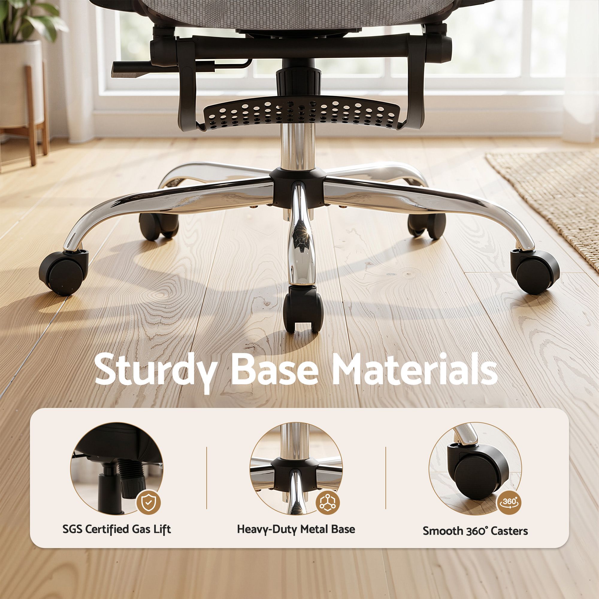 Grey chair base with casters and perforated footrest panel