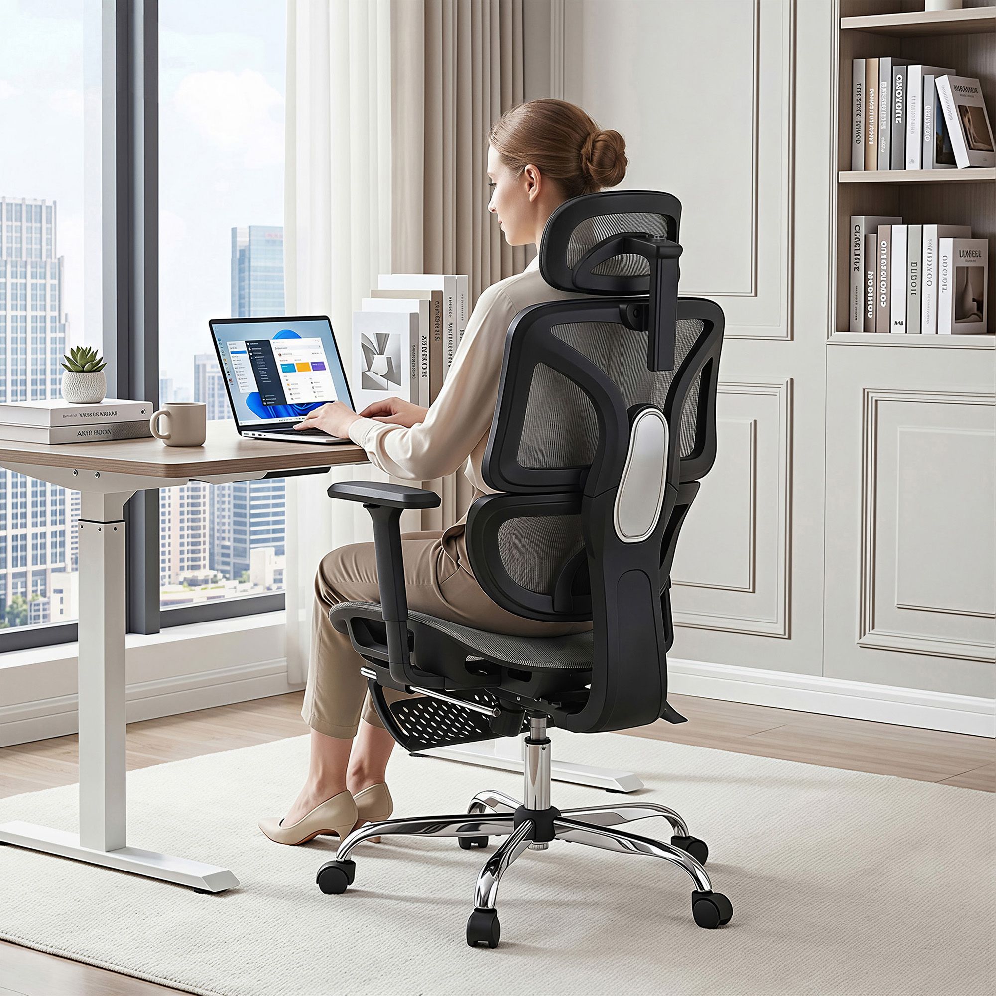 Grey ergonomic office chair with mesh back, cushioned headrest, and footrest