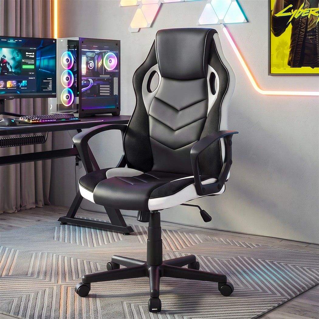 Astiss Gaming Office Chair Desk Racing Computer Chairs Executive Home Black & White Bedworld