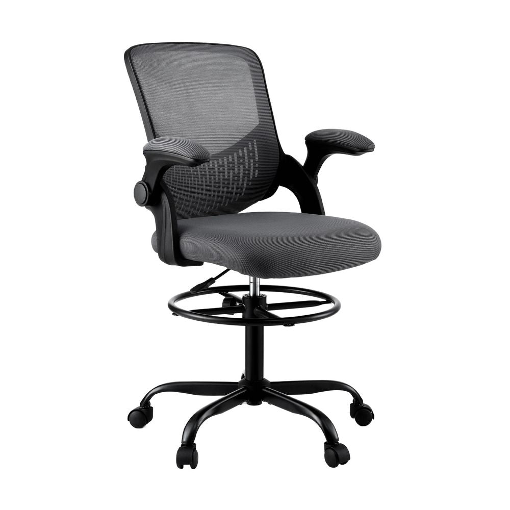 Grey mesh drafting office chair with padded seat, curved back, and armrests on casters