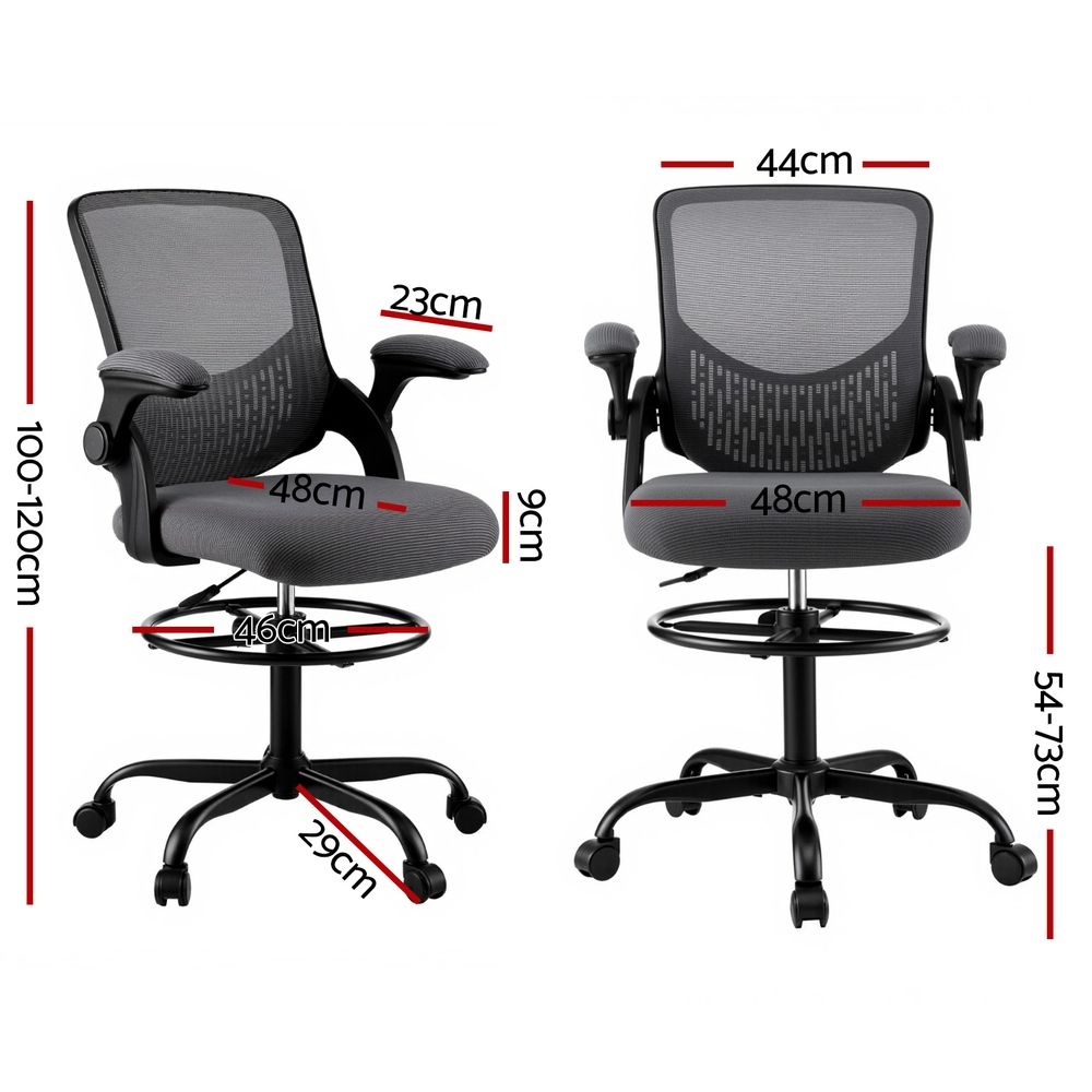 Grey mesh office drafting chair with padded seat, curved backrest, swivel base, and armrests