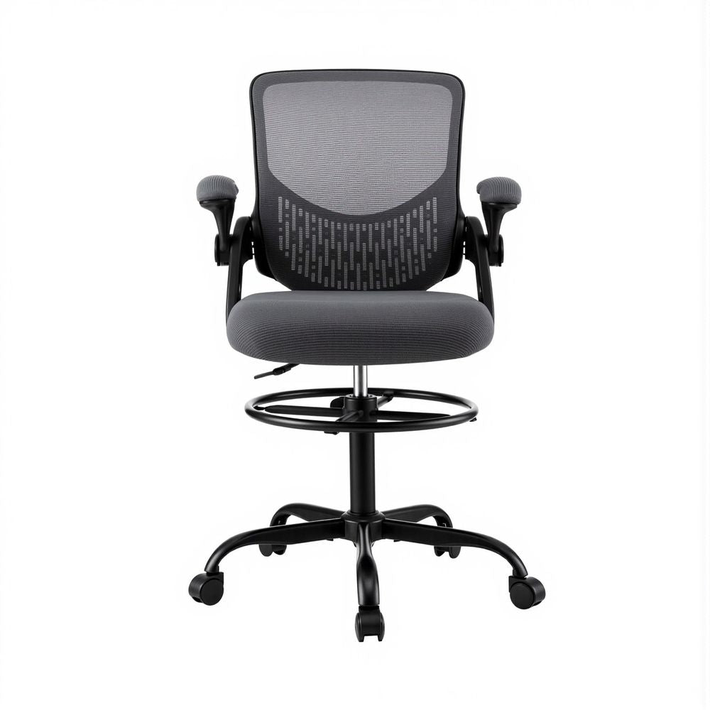 Grey mesh office chair with curved backrest, padded seat, armrests, and round swivel base