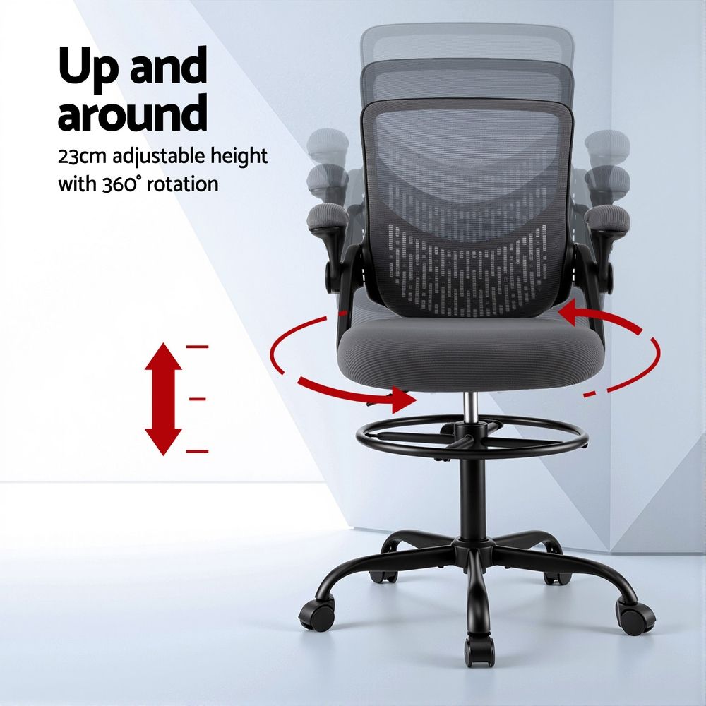 Height-adjustable grey mesh office chair with padded seat, swivel base, and armrests