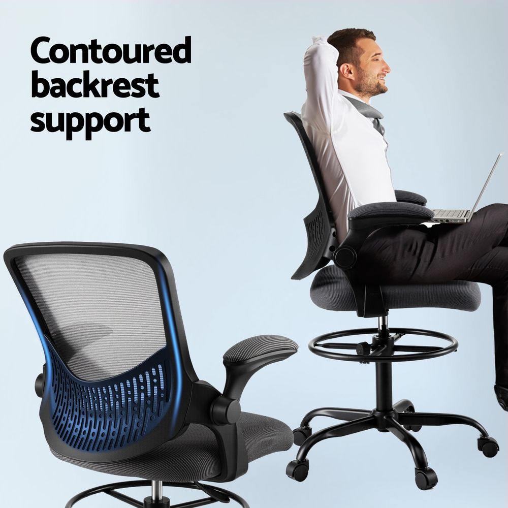 Grey mesh drafting office chair with contoured back support, padded seat, and swivel base