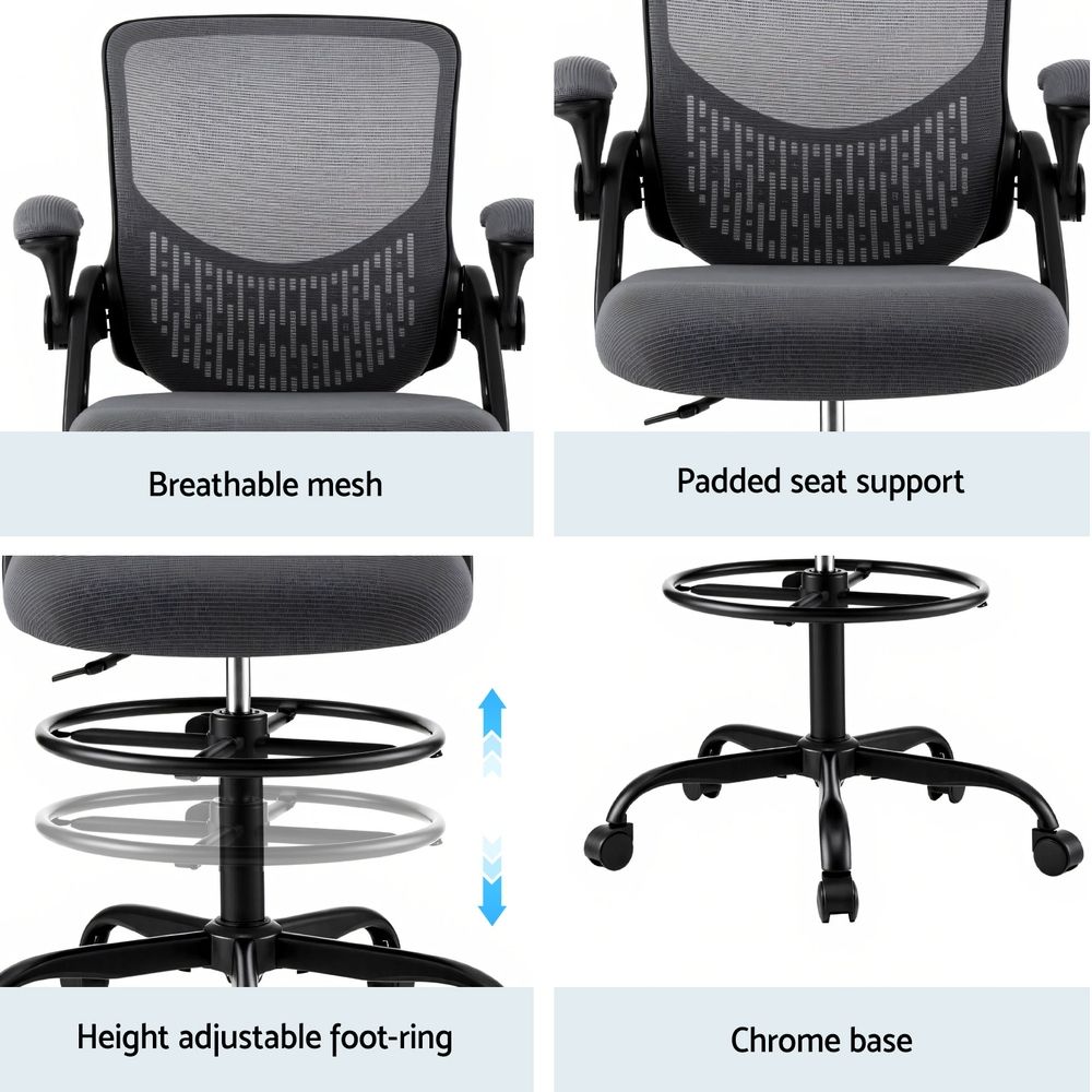 Grey mesh office chair with padded seat support, round swivel base, and height-adjustable foot ring