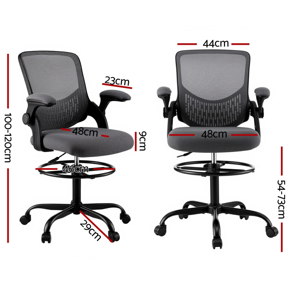 Grey mesh office chair showing side profile: padded seat, armrests, round swivel base