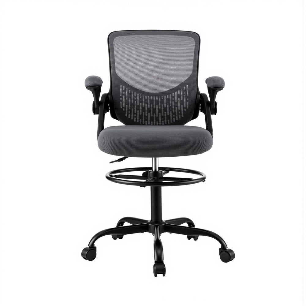 Grey mesh office chair with contoured backrest, padded seat, armrests, star base
