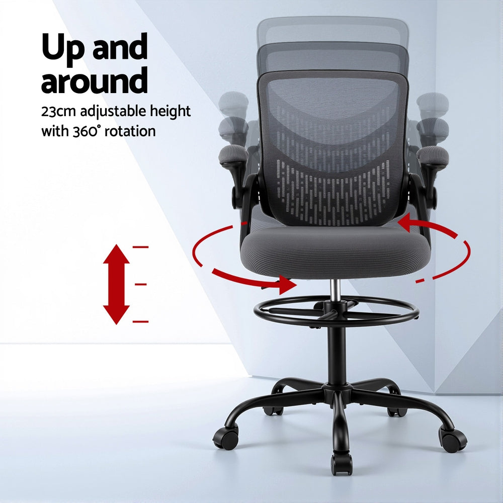 Grey mesh office chair with adjustable height stand, padded seat, armrests, swivel base