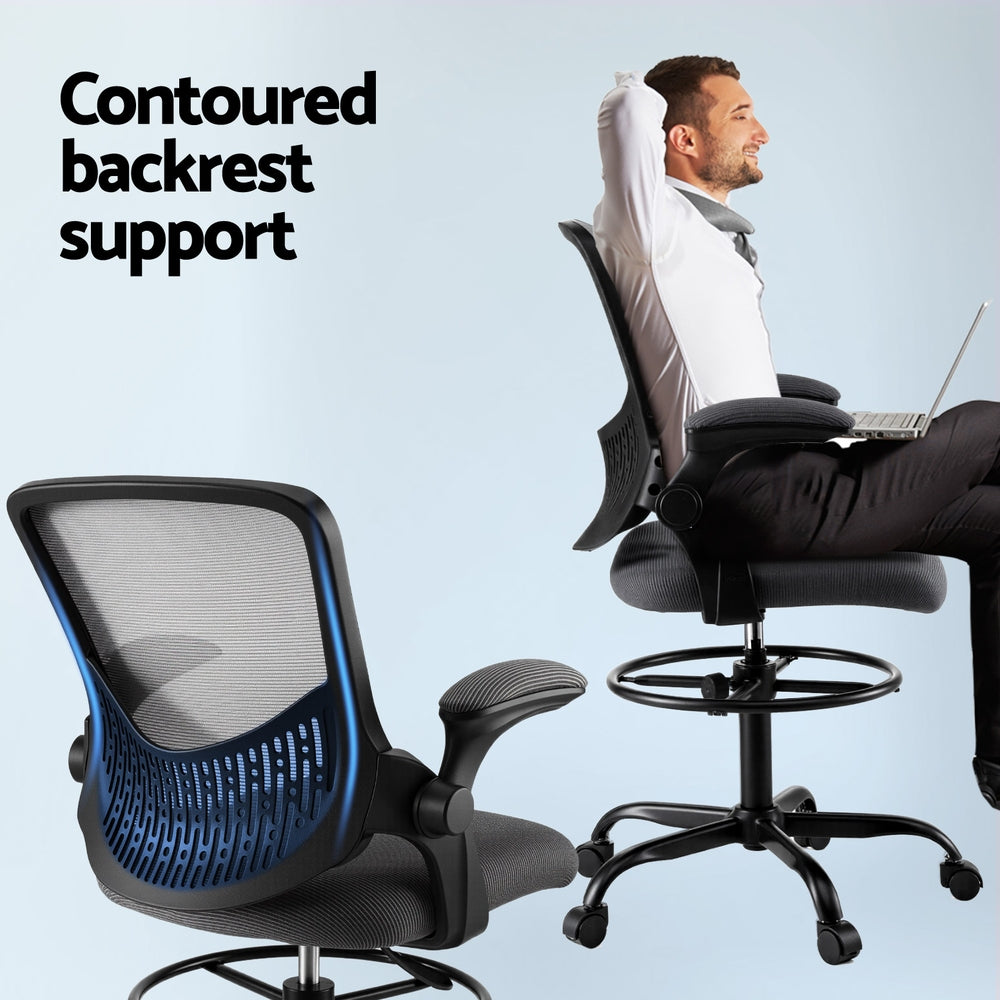 Grey mesh office chair with contoured backrest, padded seat, armrests and round base