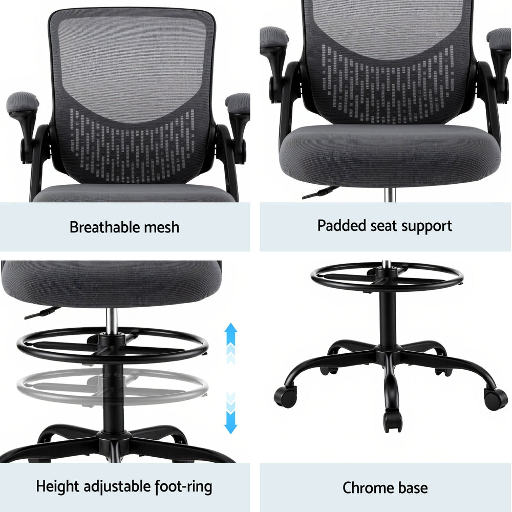 Grey mesh office chair with padded seat, height-adjustable foot ring, and swivel base
