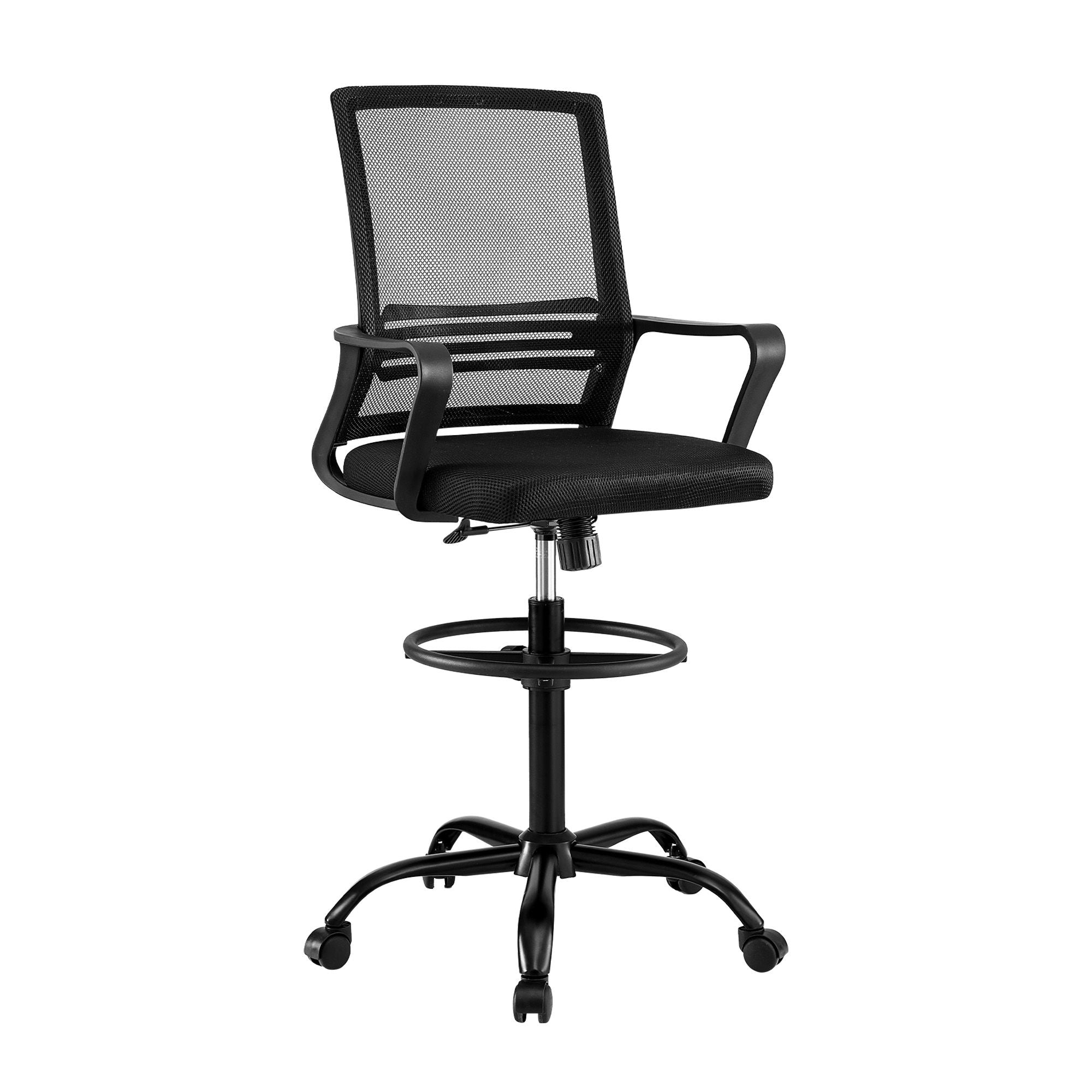 Black mesh back drafting office chair with cushioned seat and foot ring base