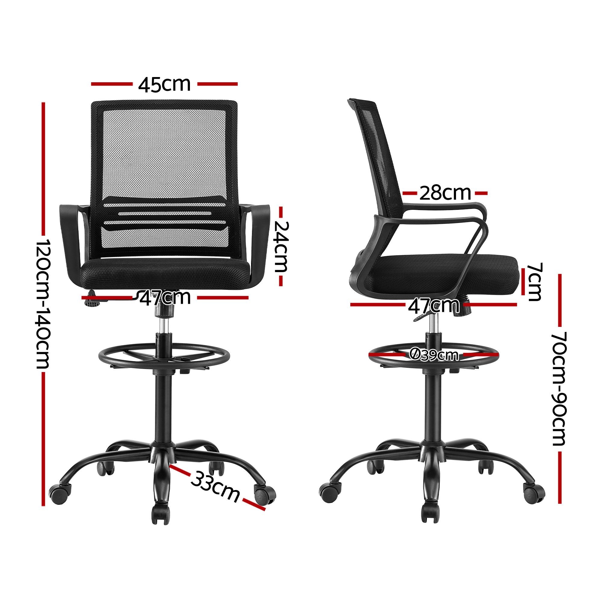 Black height-adjustable drafting chair with mesh back, padded seat, and foot ring
