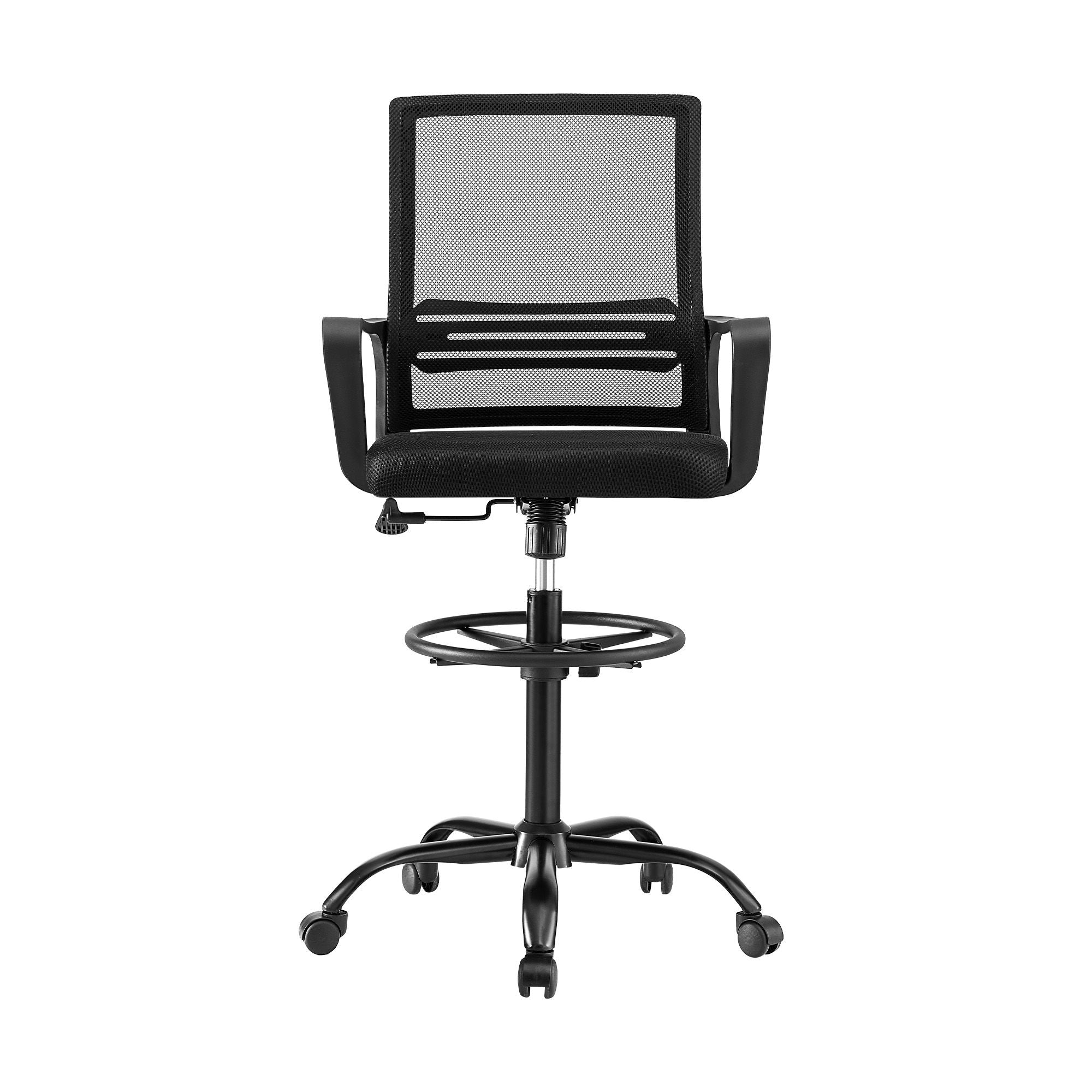 Black mesh drafting chair with padded seat, lift pole, and swivel base with casters