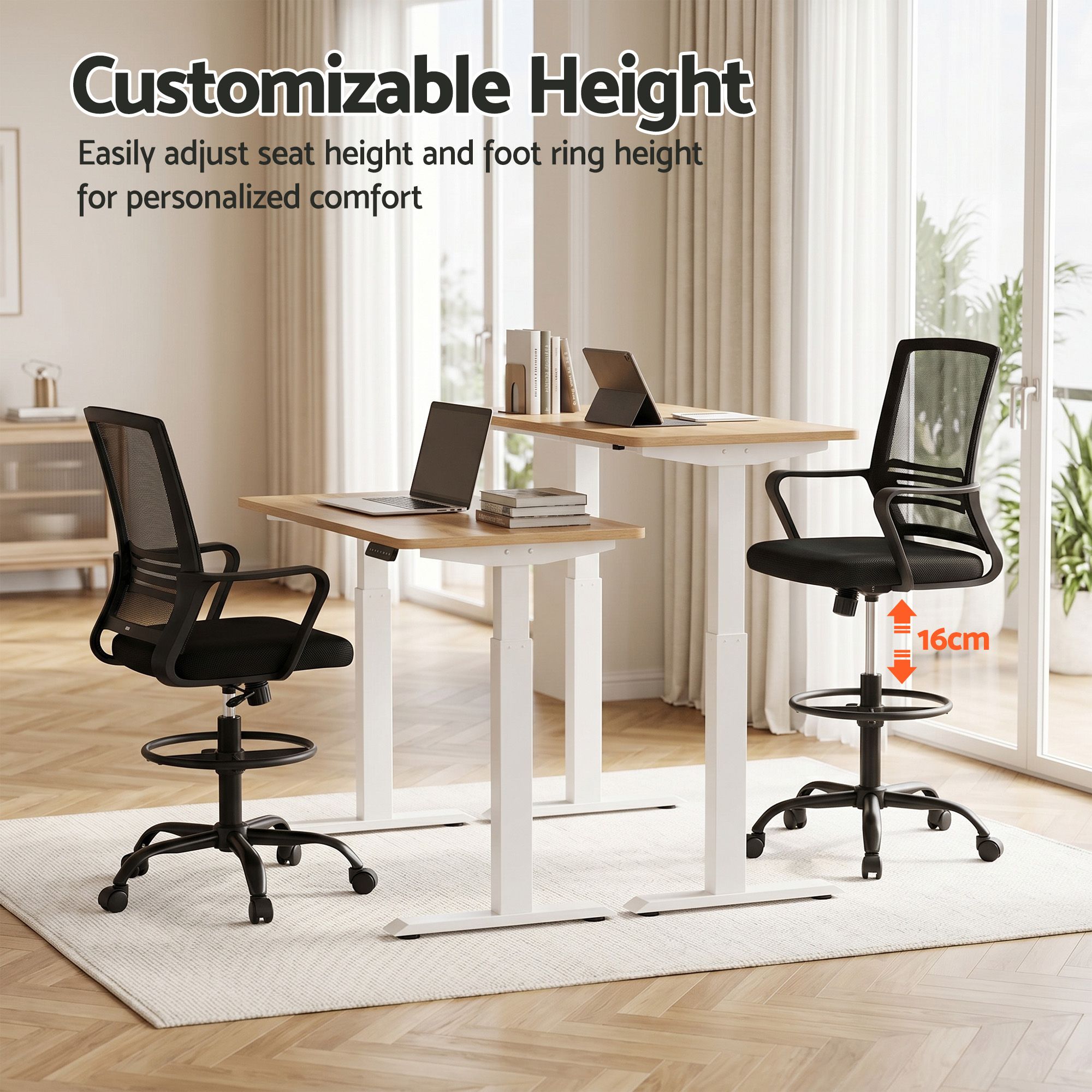 Black mesh-backed drafting stool with padded seat, height adjustment, and foot ring