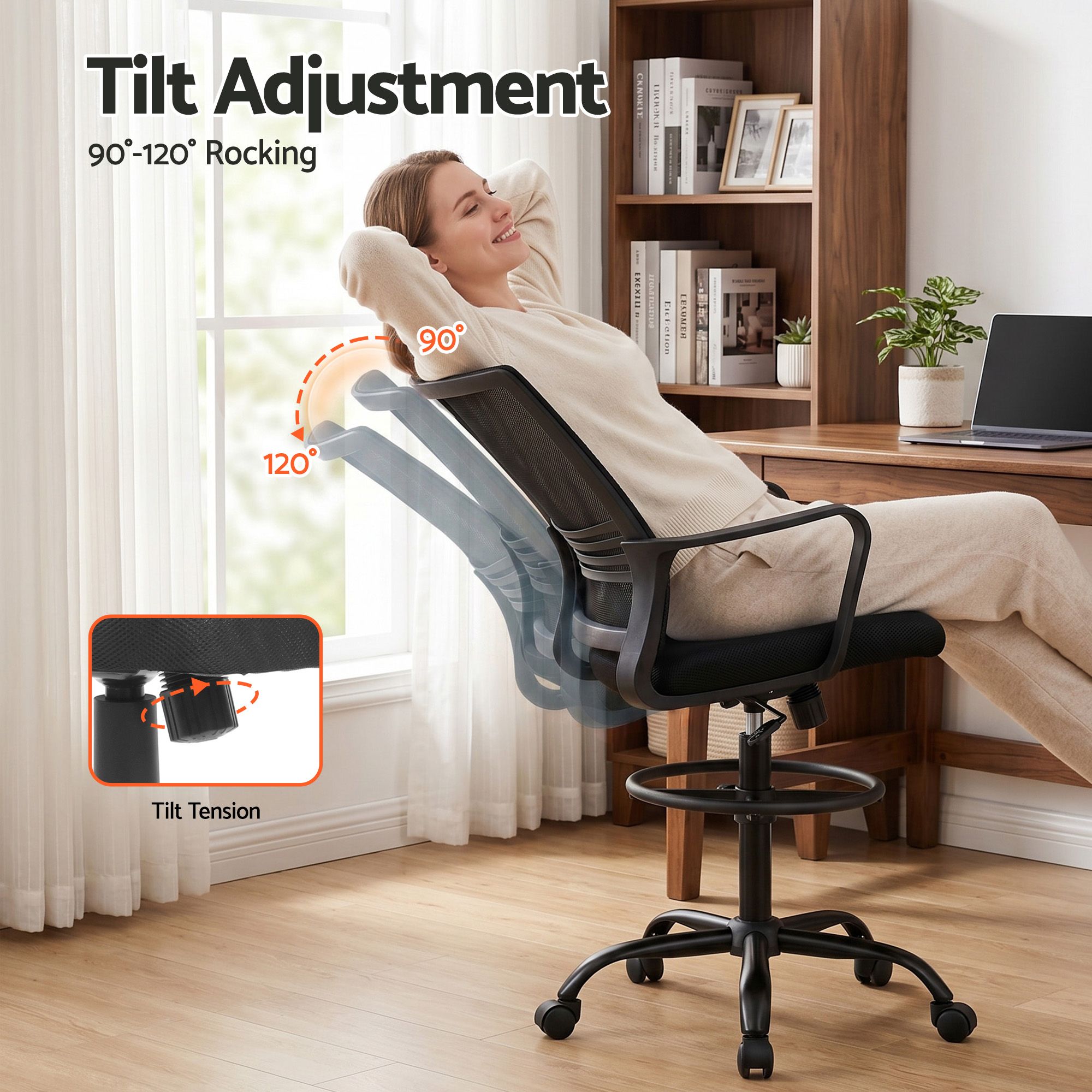 Black tilt-adjust drafting chair with mesh back, padded seat, and swivel casters