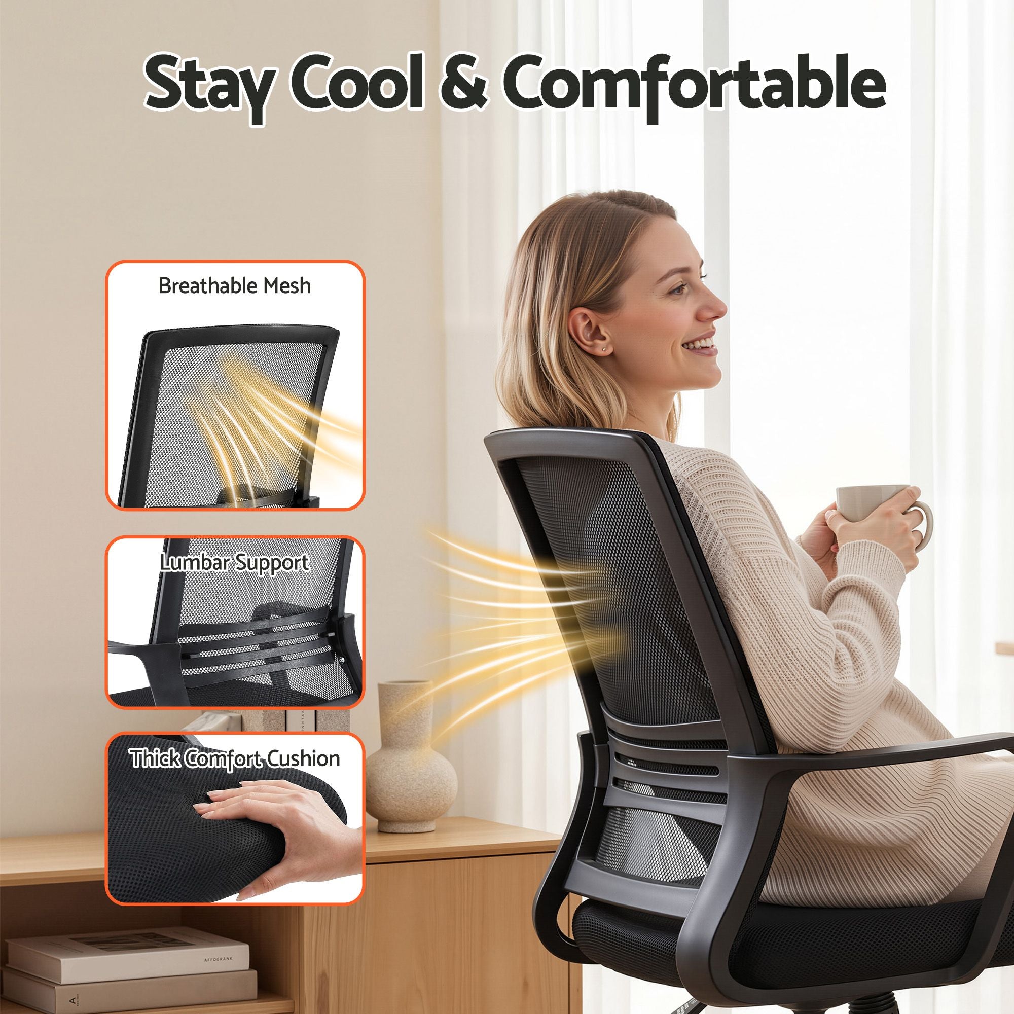 Black breathable mesh office drafting chair with cushioned seat and supportive back