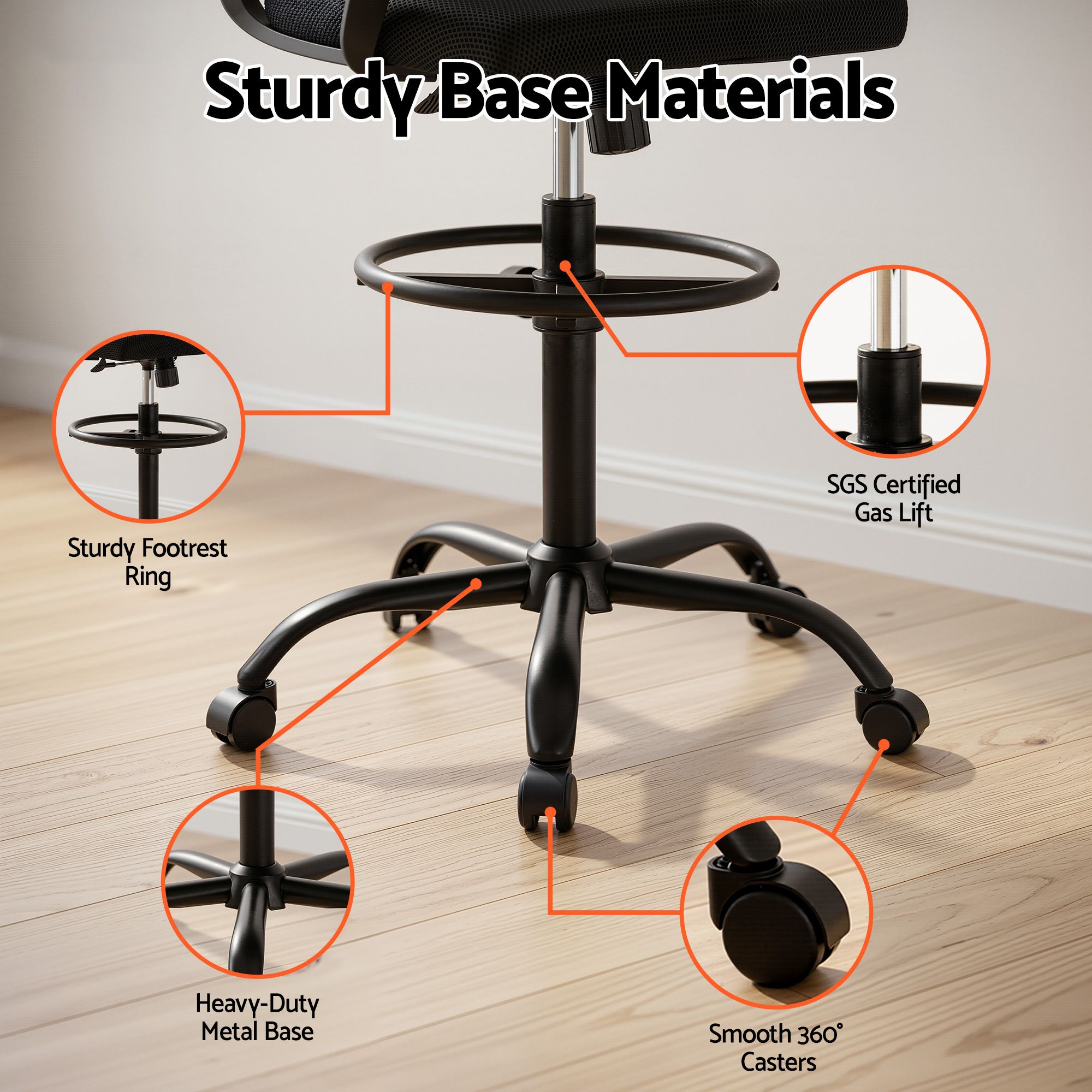 Black drafting chair base with metal support, gas lift, and smooth 360 casters