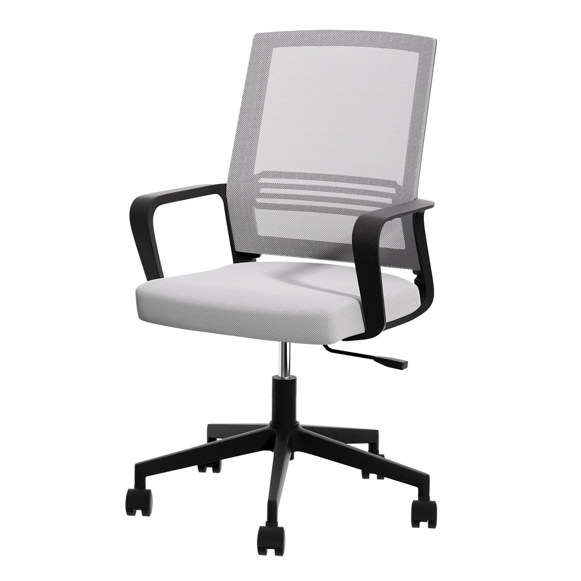 Grey mid-back mesh office chair with padded seat and black swivel caster base