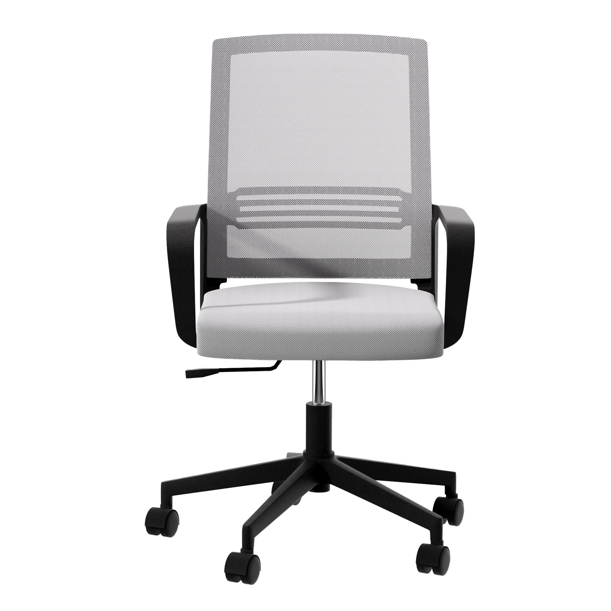 Grey mid-back mesh office chair front view with black armrests and five-leg base