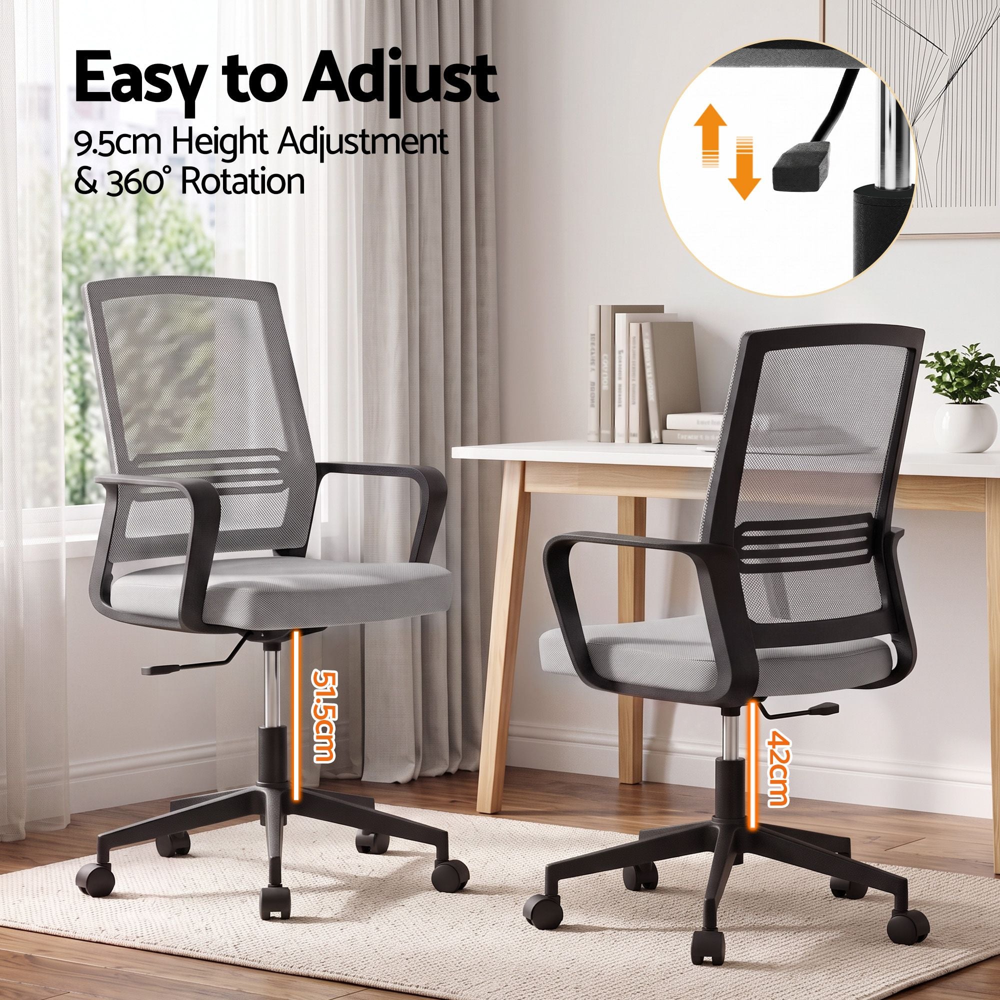 Grey mesh office chair side angle showing height adjustment and 360-degree swivel base