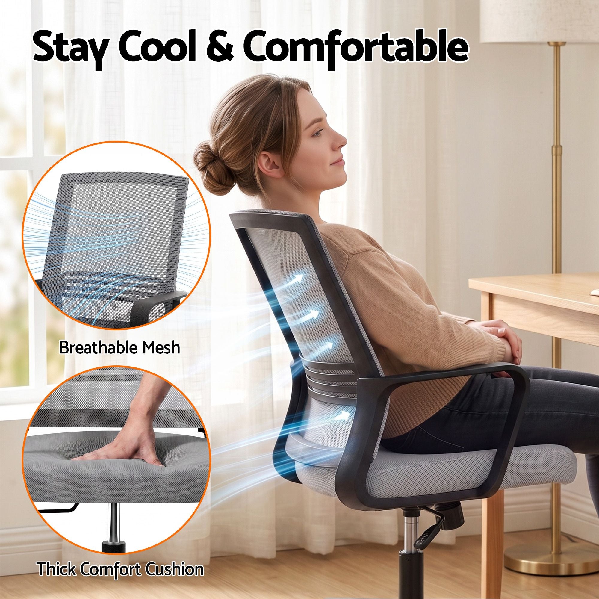 Grey mesh office chair with thick cushioned seat and arched back support, side view