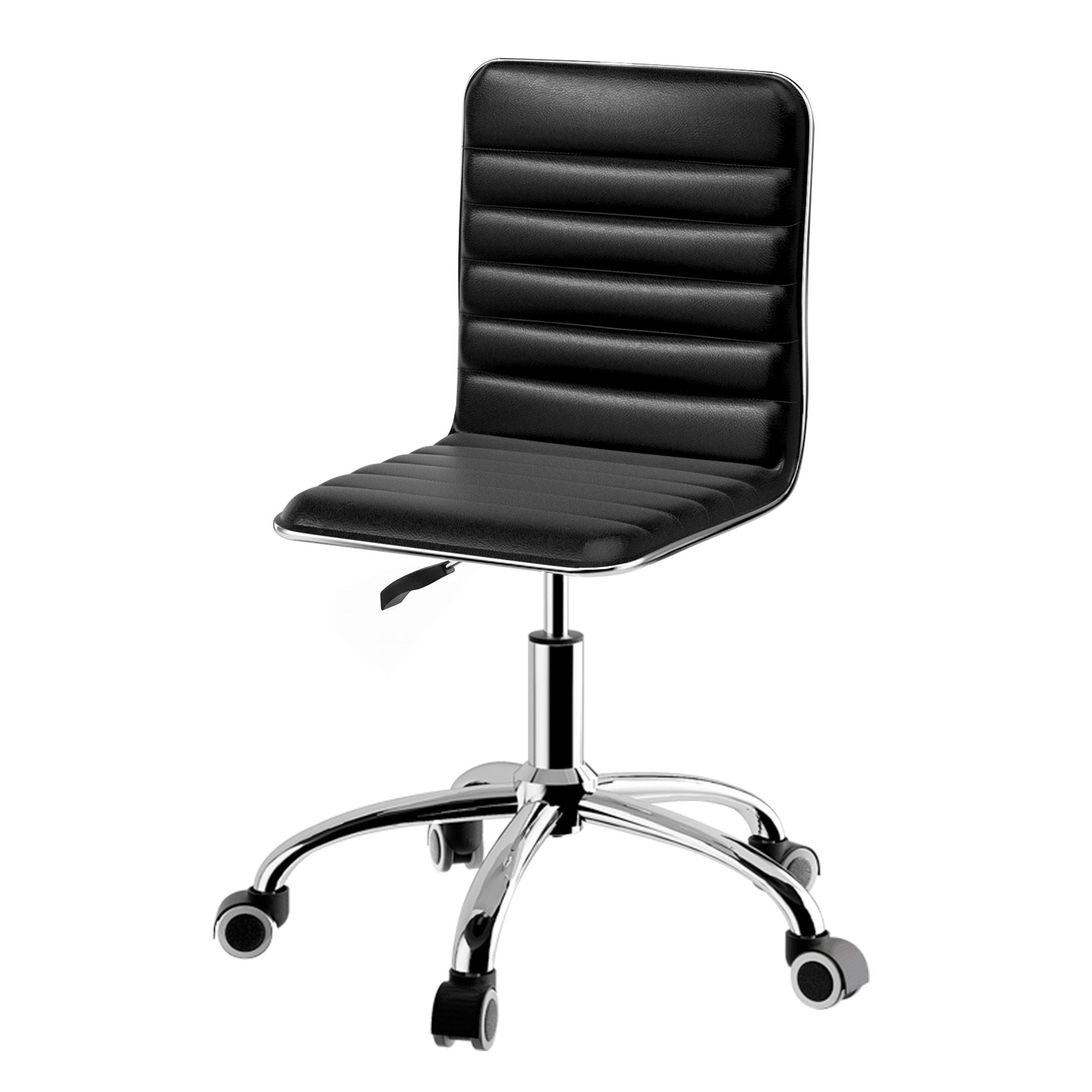 Black low-back office chair with quilted PU seat, armless design, chrome swivel base and caster wheels