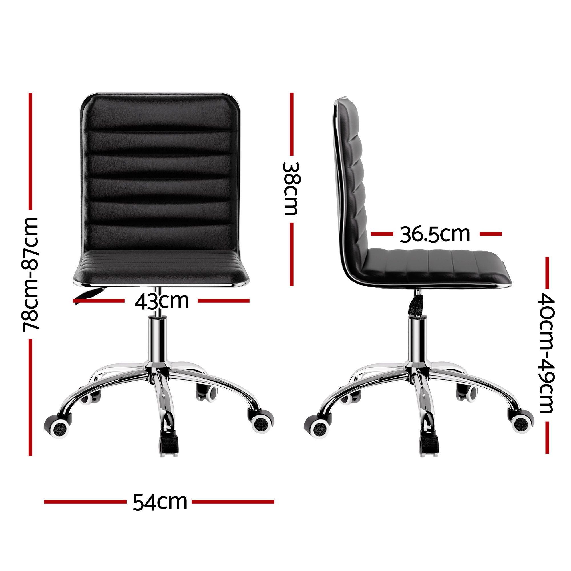 Black low-back PU office chair shown front and side profile with quilted back and chrome base