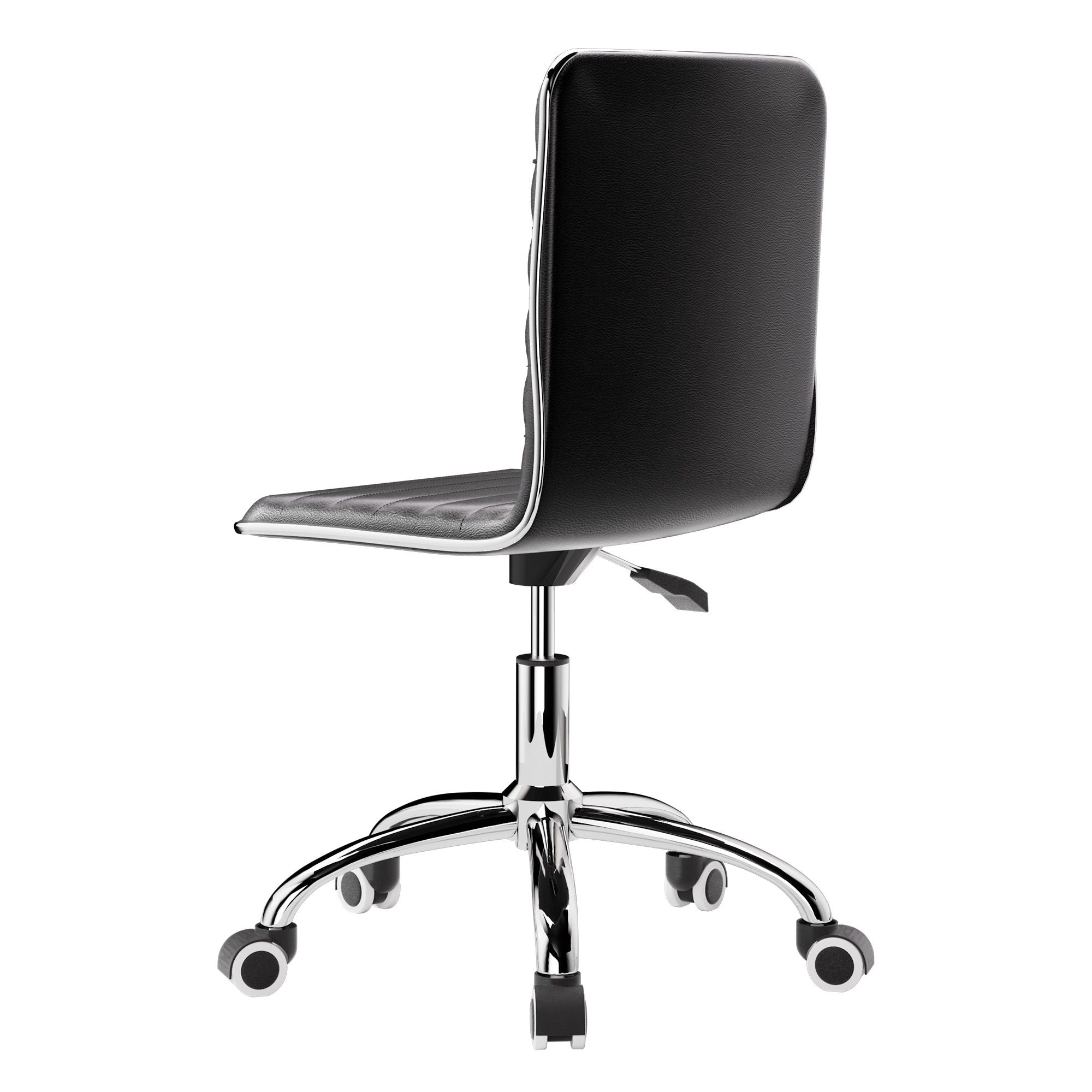 Black low-back PU office chair, armless design, quilted seat and back, chrome swivel base with casters
