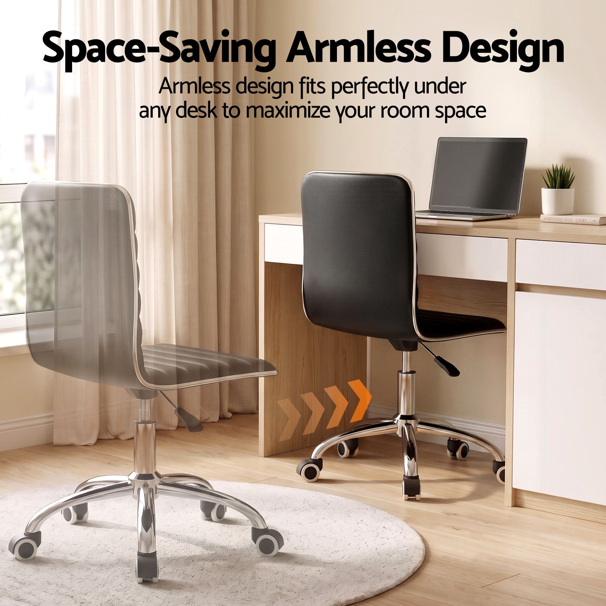Black armless low-back PU office chair with quilted seat, chrome base and rolling caster wheels