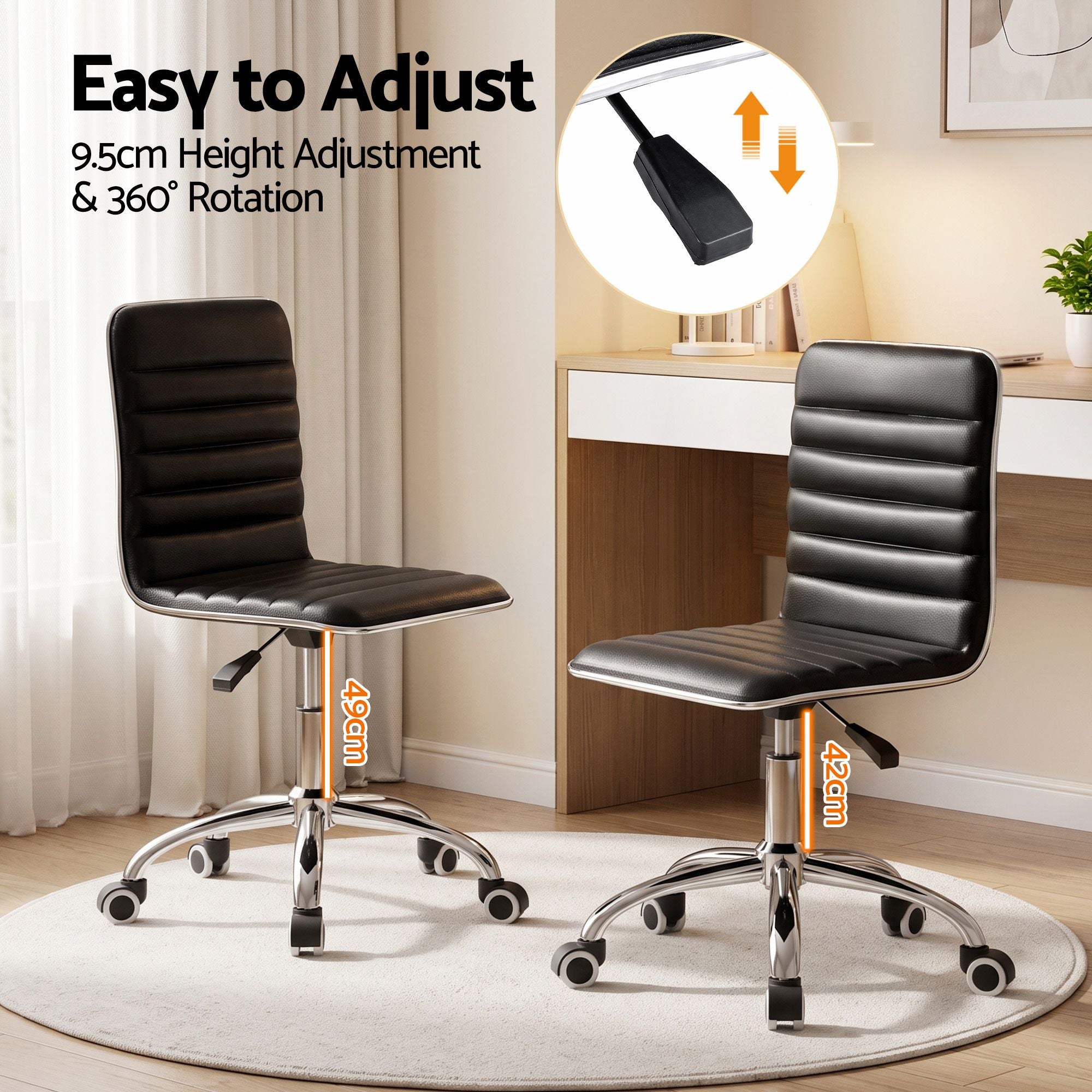 Black low-back PU office chair with height-adjust lever, armless quilted design and chrome casters