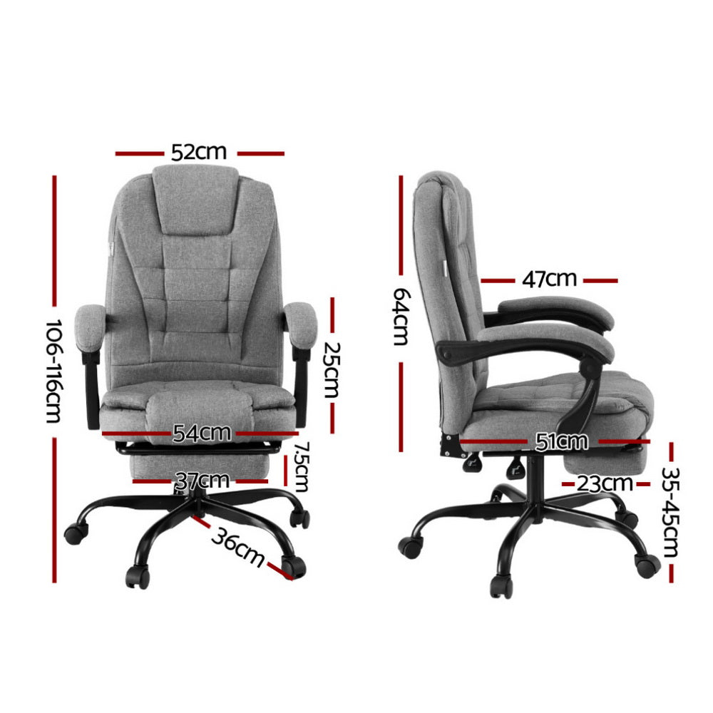Gray office chair with padded back and seat, armrests, footrest, rolling base