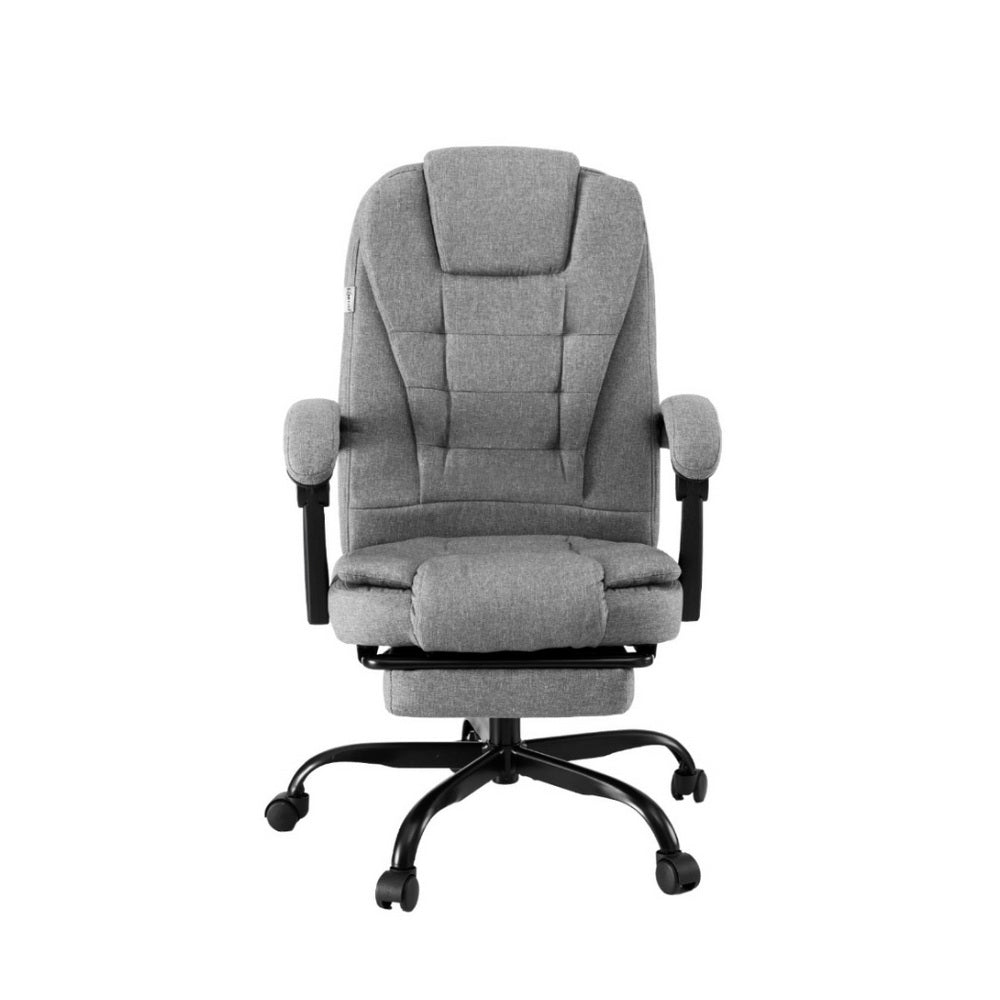 Gray office chair with tall padded backrest, cushioned seat, armrests, rolling base