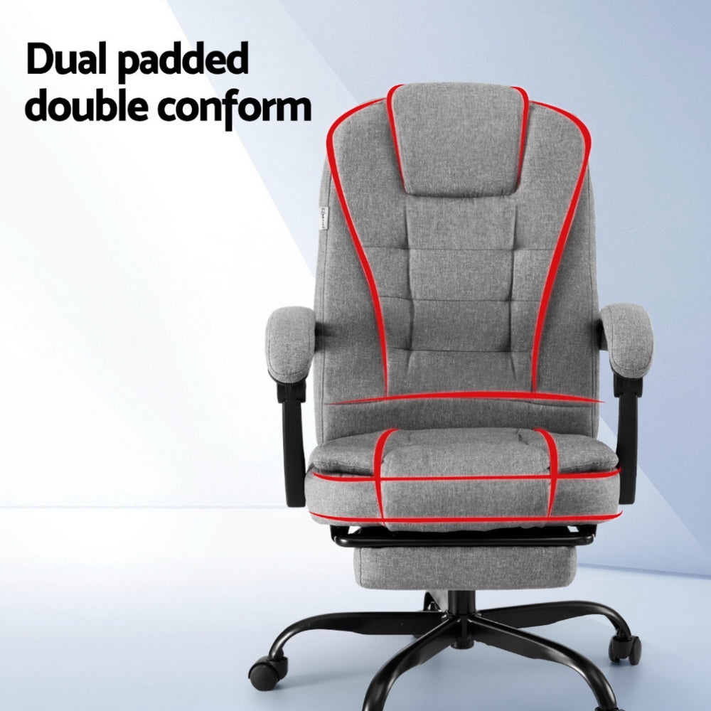 Gray fabric office chair with thick cushioned back and seat, armrests, footrest