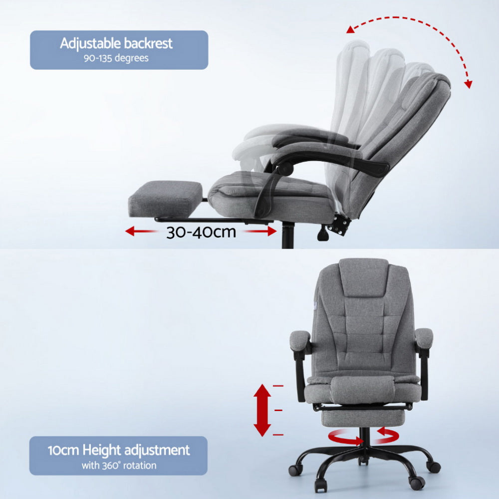 Gray office chair with adjustable backrest and height, padded seat and footrest