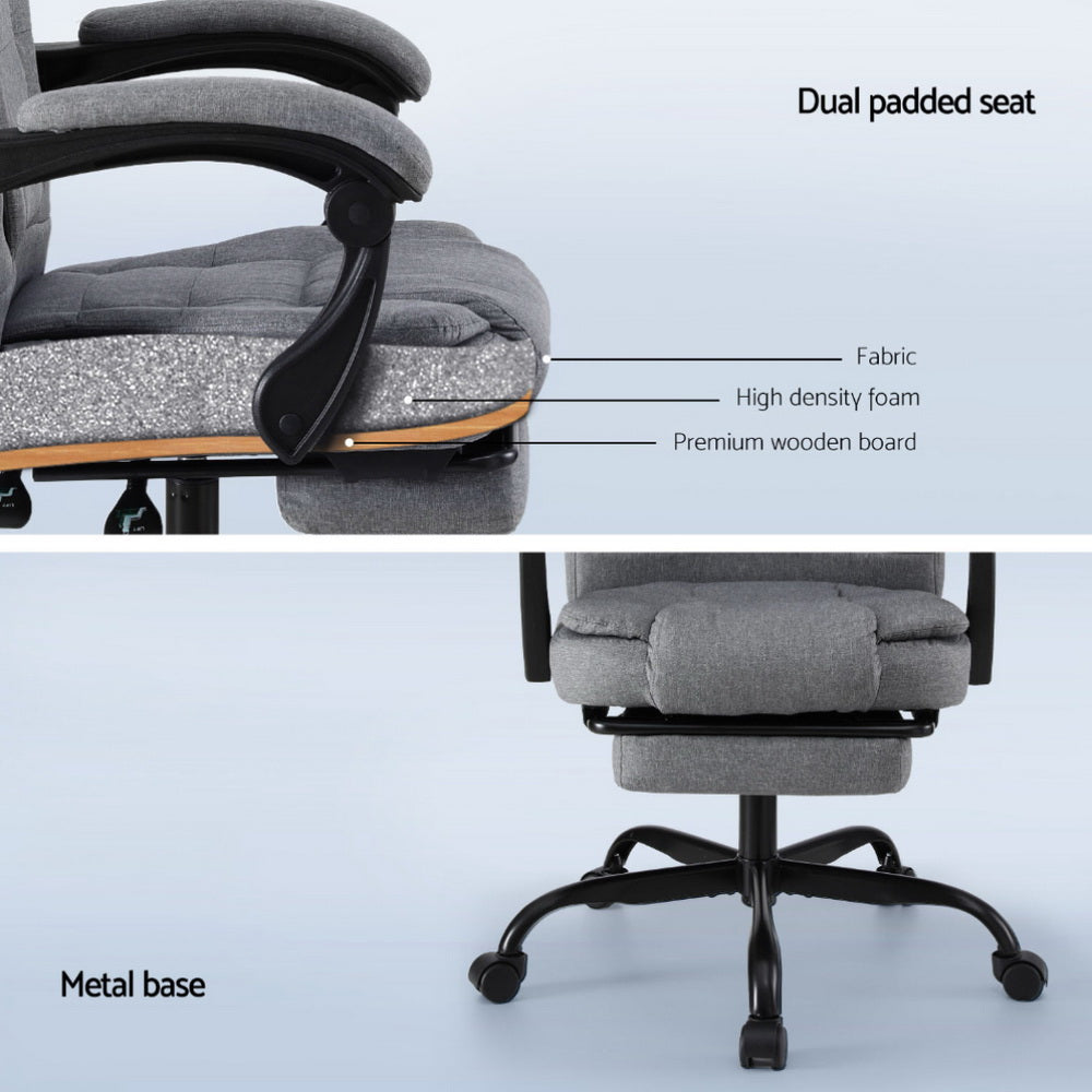 Gray fabric office chair with curved armrests, cushioned seat, black metal base