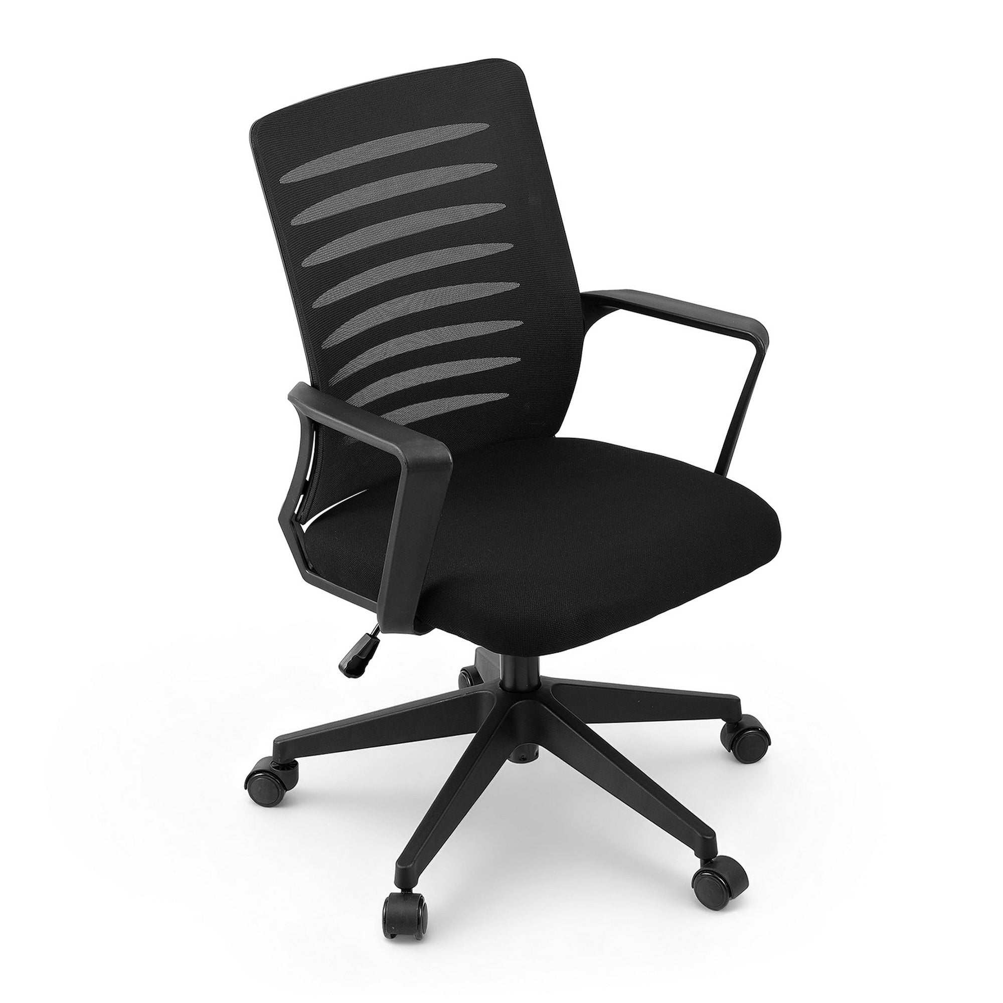 Black ergonomic office chair with mesh mid-back, padded seat, armrests, swivel wheels