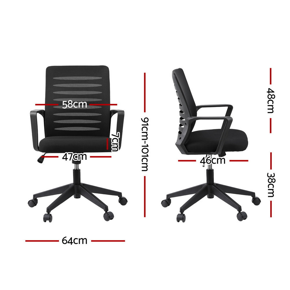 Black ergonomic office chair with labeled dimensions, mesh back, padded seat, swivel base