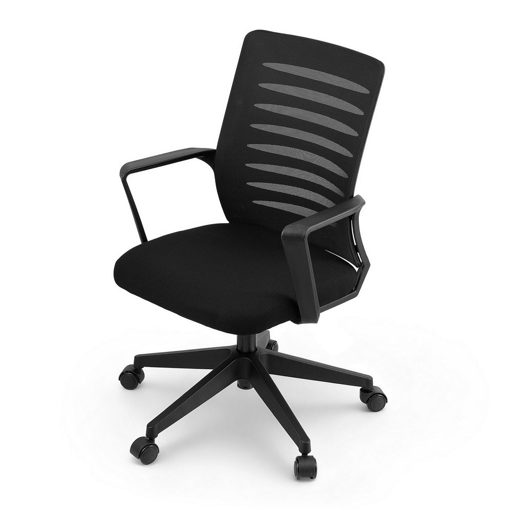 Black ergonomic office chair with mesh mid-back and padded seat, curved armrests, swivel base