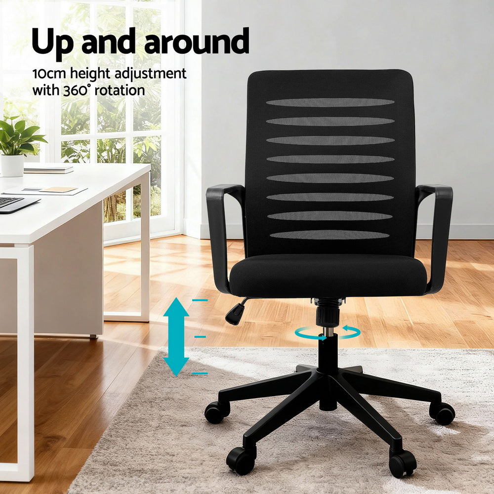 Black ergonomic office chair with mesh back and padded seat, height adjustable swivel base