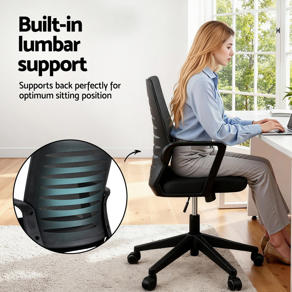 Black ergonomic office chair with built-in lumbar support, mesh mid-back, padded seat