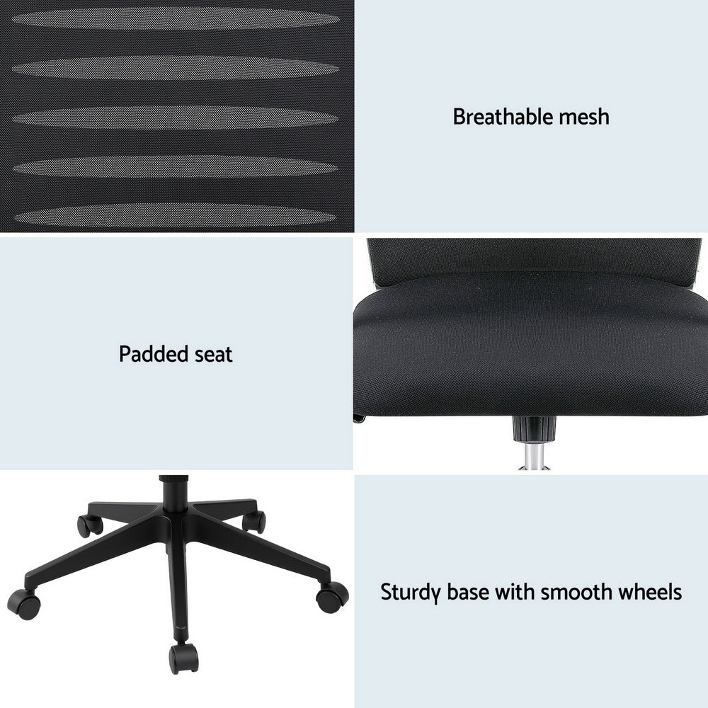 Black office chair details: breathable mesh back, padded seat, smooth wheeled base