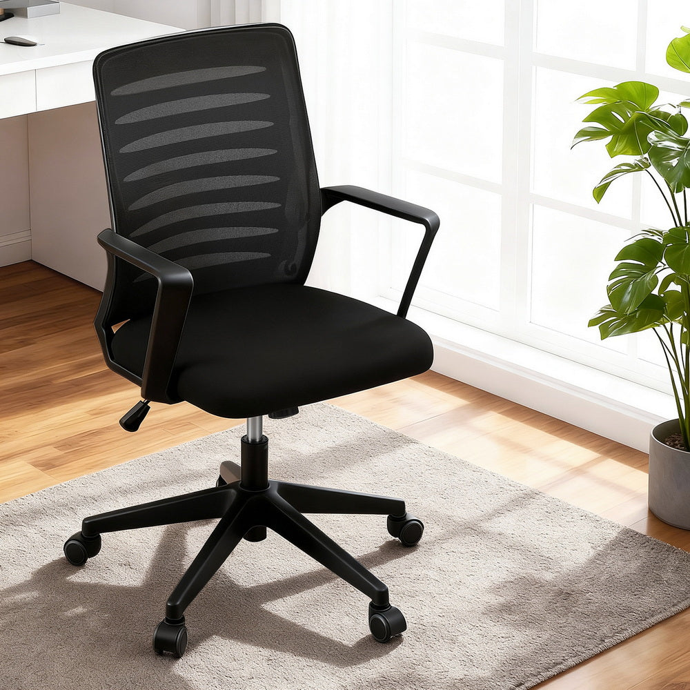 Black ergonomic office chair with mesh mid-back, padded seat, armrests, swivel wheels