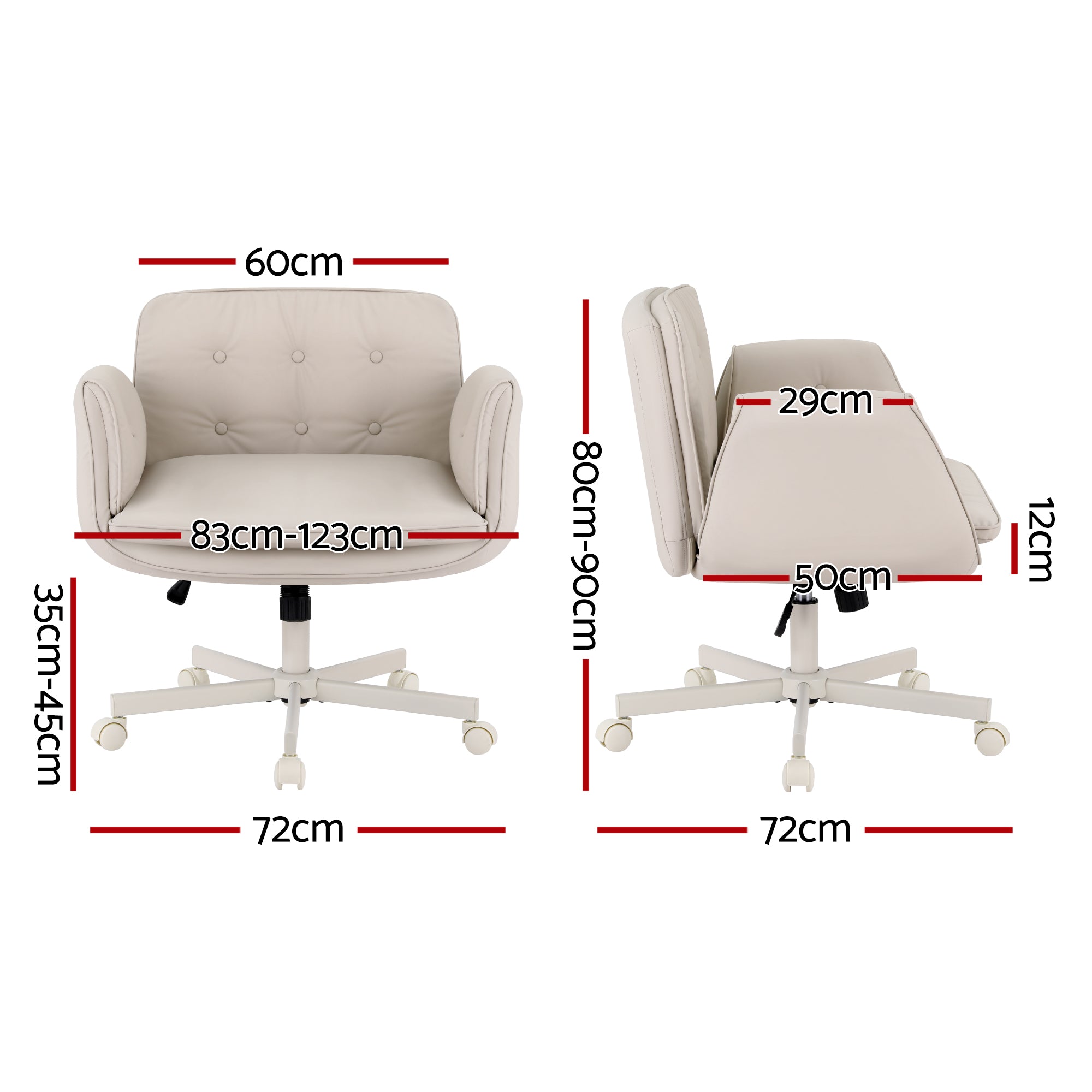 Beige upholstered office chair with curved back, armrests, and caster wheels; height-adjusting base